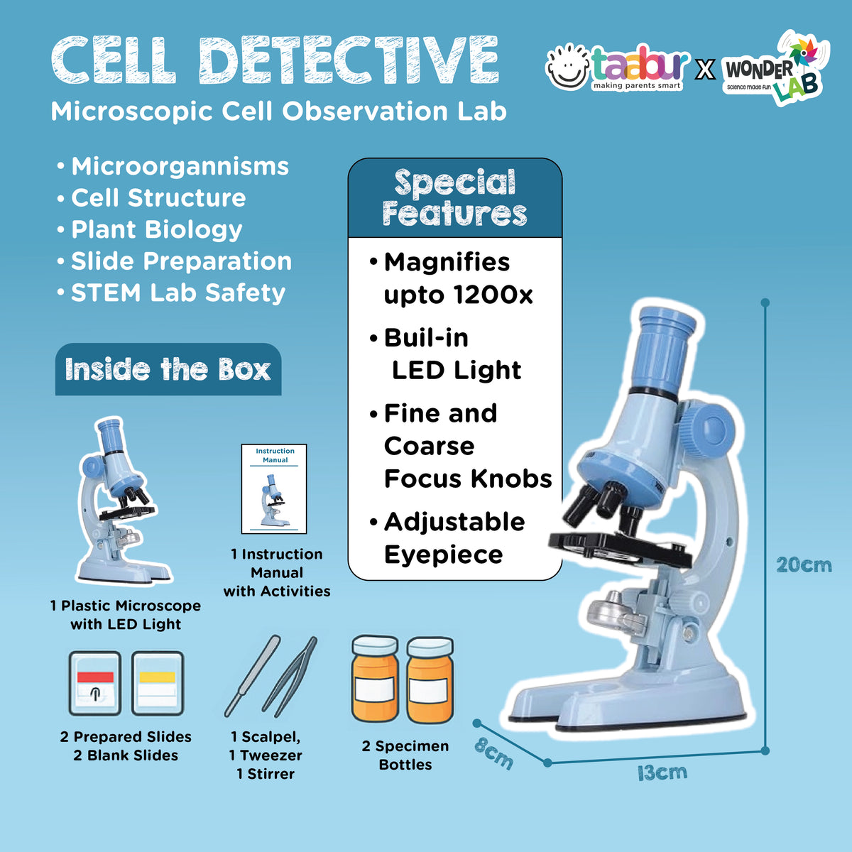 WonderLab Cell Detective Kit | Kids Beginner Microscope Science Lab | STEM Learning Toy with Microscope Slides & Tools | Discovery Activity Set for Boys & Girls