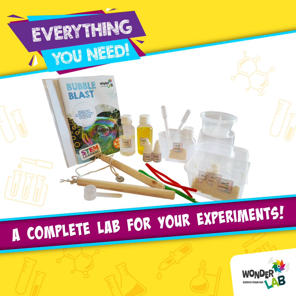 WonderLab Bubble Blast Science Kit for Kids | DIY Giant Bubble Maker STEM Activity Toy | Fun Learning Science Experiment Gift for Boys & Girls 4+ Years