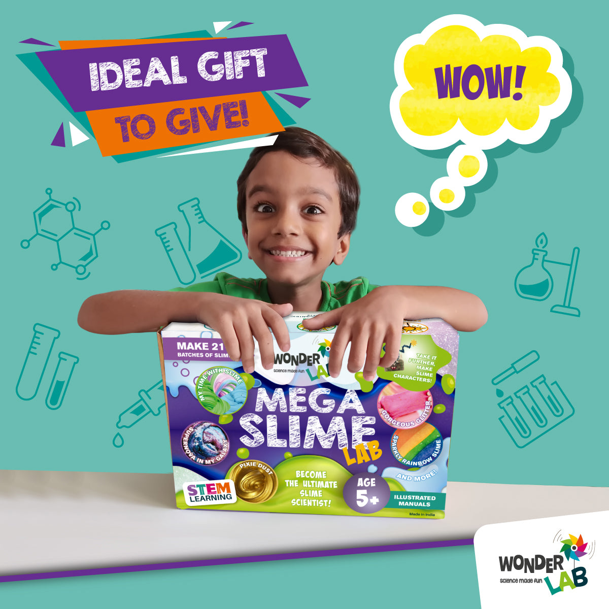 WonderLab Mega Slime Making Kit for Kids | DIY Science Activity Kit | Create 21+ Slimes with Glitters, Sparkles & Decoratives | Fun Learning Gift for Boys & Girls 5+ Years