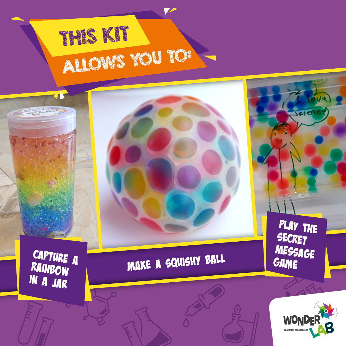 WonderLab Rainbow Crush Kit | DIY Orbeez Science Activity Kit for Kids | Creative Experiments with Orbeez Crush Jar, Squishy Ball & Secret Message Game | STEM Learning Toy 3+ Years