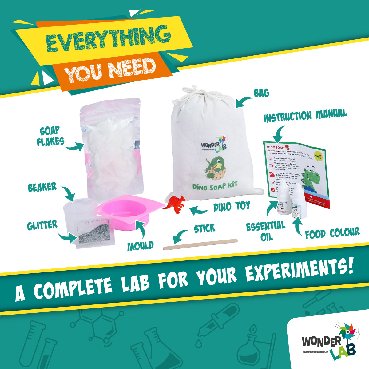 WonderLab Dino Soap Making Kit for Kids | DIY Science & Craft Activity Kit | Create Fun Dinosaur Soaps | STEM Learning Toy & Birthday Gift for Boys & Girls 5+ Years